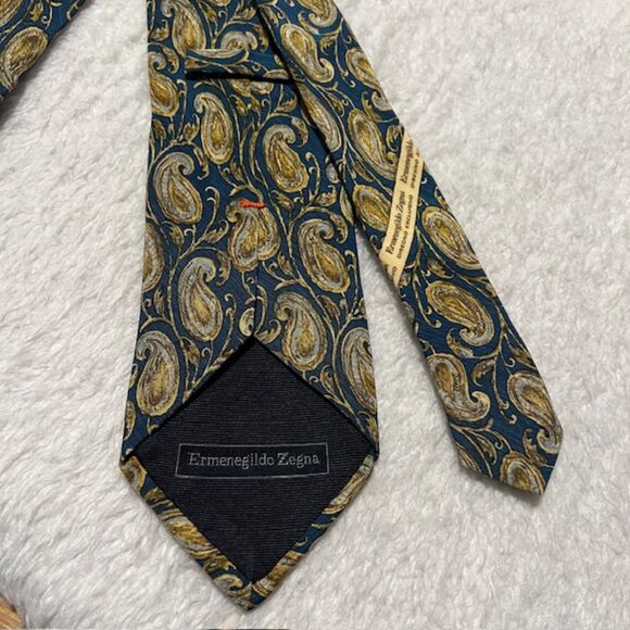 Ermenegildo Zegna Gold Black Paisley Print Silk Linen Necktie - Picture 4 of 7
